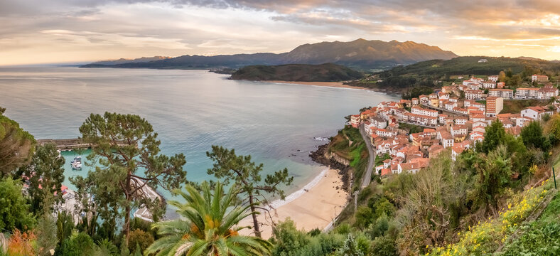 Top view of Lastres coastal village and Cantabrian Sea in Asturias