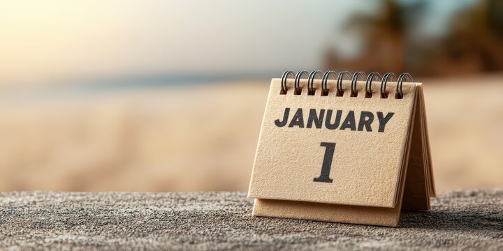 Wooden block calendar displaying January 1 on a concrete surface. Theme of New Year