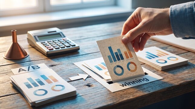 Business professional hand selecting winning marketing strategy sheet from pile of analytics data reports on wooden desk, conversion tracking for business growth and performance optimization.