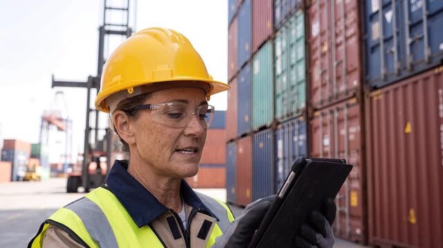 Female Dock Worker Inspecting Shipping Containers with Tablet at Port