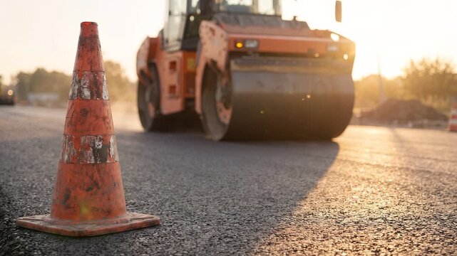 Road Roller Compacting Asphalt on Highway Construction Site at Sunset