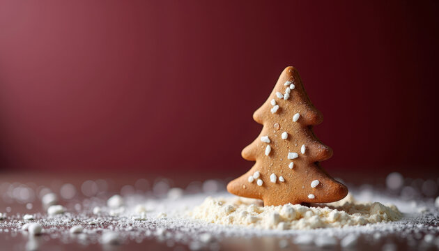 Gingerbread Christmas tree on powdered sugar with festive decoration. Christmas-themed gingerbread tree showcases sweet icing and holiday spirit. Ideal for holiday celebrations and seasonal marketing.