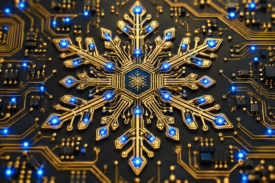 Golden snowflake shaped electronic circuit board with glowing blue lights, intricate digital patterns on dark background. Technology, computing, artificial intelligence, cyber security.