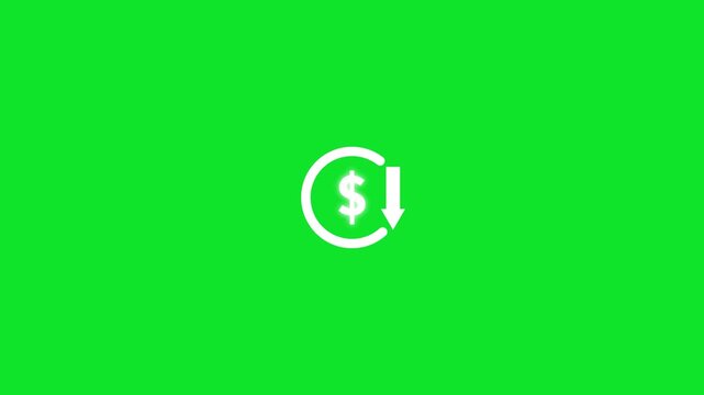 Abstract decrease icon on green background. Dollar rate down looped icon. Reduce costs sign