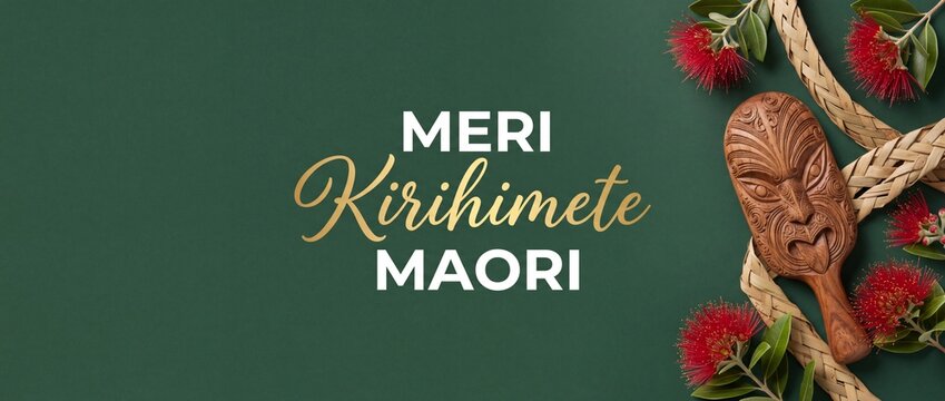 Meri Kirihimete New Zealand Christmas Maori greeting card with red pohutukawa flowers and traditional wood carving on dark green background celebrating festive holidays in Aotearoa with elegant joy.