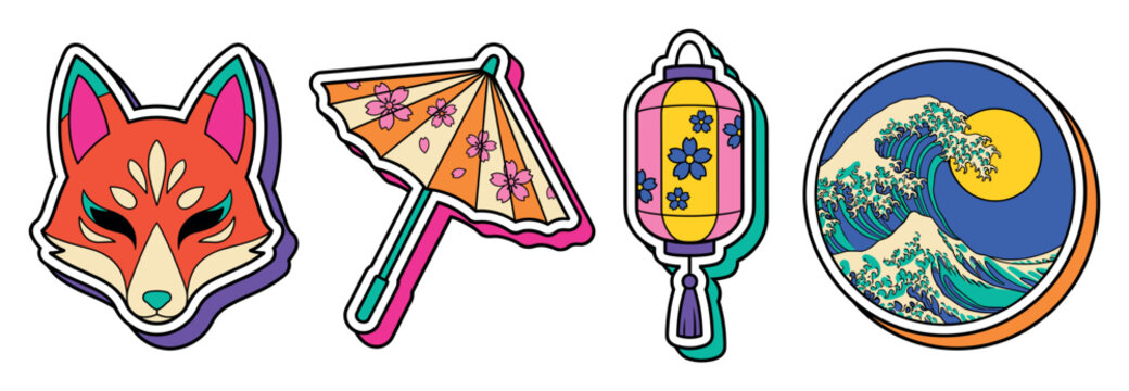 Traditional Japanese sticker set featuring kitsune mask, paper parasol umbrella, hanging festive lantern, and ocean wave badge in colorful retro vector style