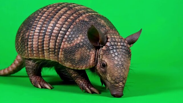 Armadillo standing and sniffing around on solid bright green chroma key background studio environment