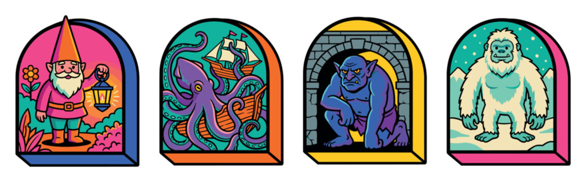 Mythical fantasy creature sticker collection featuring gnome kraken troll and yeti in bold colorful retro pop art style