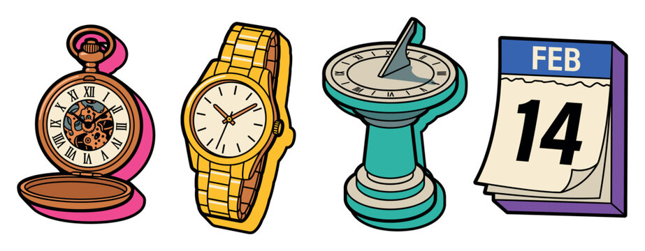 Timekeeping devices including wristwatch pocket watch sundial and paper calendar representing chronological measurement of daily time and date