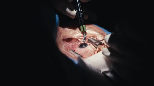 Patient's eye during an ophthalmic operation with specialized medical instruments. Modern eye surgery and advanced vision treatment technology.