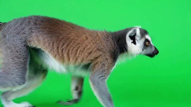 Ring-tailed lemur walking across vibrant green background studio setting showcasing wildlife movement
