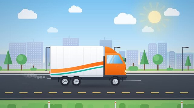 Animated delivery truck driving on city road, flat cartoon cargo box truck with rolling wheels, parallax skyline, trees and street lamps, logistics and shipping concept, seamless loop