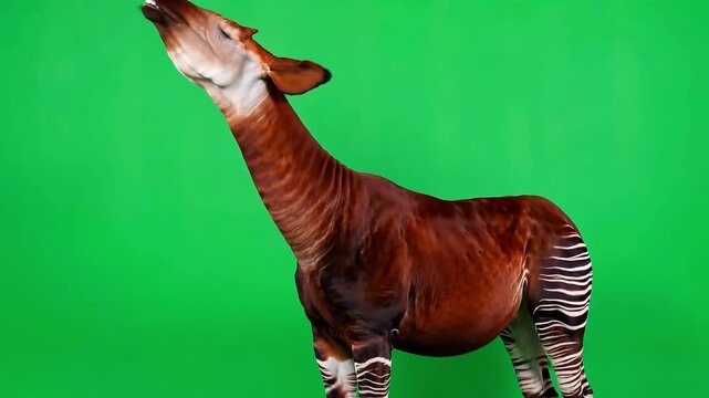 Rare okapi mammal yawning widely with mouth open against vibrant green chroma key background screen
