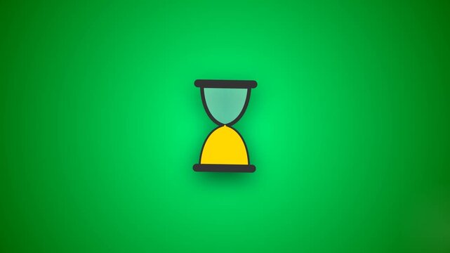 Hourglass animation measuring time passage with yellow sand flowing inside glass timer device set against clean green background