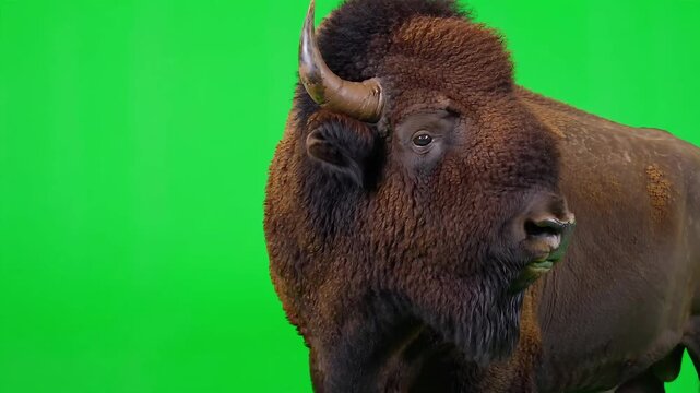 Majestic American bison turning its heavy horned head toward camera against vibrant green screen background