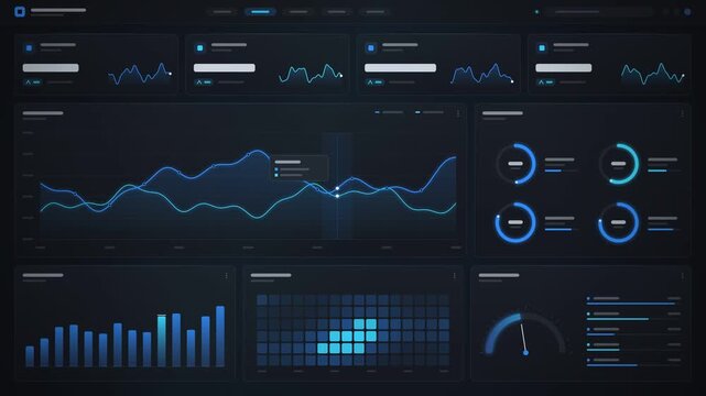 Sleek dark financial analytics dashboard motion graphics background with animated mini charts, line graphs, metric cards and circular indicators in charcoal and electric blue, seamless loop