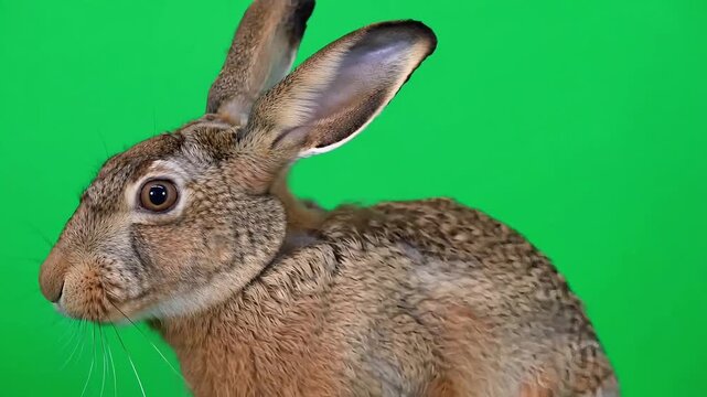 Cute brown hare moving its long ears and blinking eyes while sitting against vibrant green background