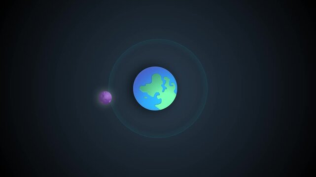 Planet earth revolving in space with a small purple satellite moon orbiting along an elliptical path against a dark background in a clean minimalist animated motion graphic style vector design
