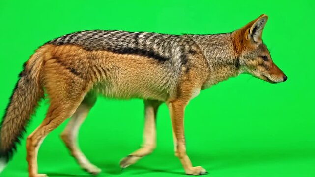 Wild black backed jackal walking steadily across bright green chroma key studio background surface