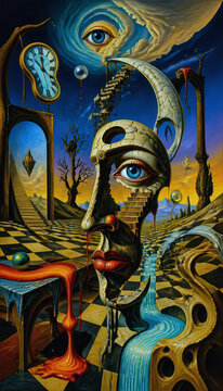 Surreal Abstract Dreamscape with Melting Clock and Blue Eyes