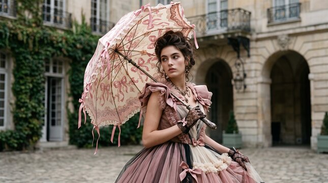 Elegant Woman in Victorian Dress Holding Lace Parasol in Courtyard
