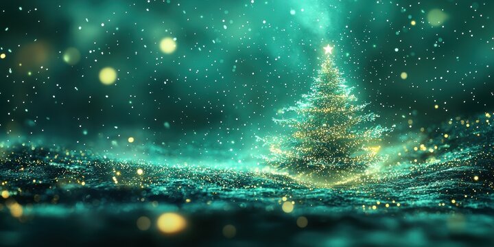 Close-up image of a Christmas tree with lights in a blurred effect