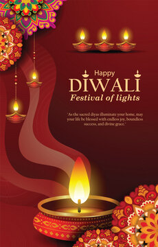 Diwali aesthetic vertical background featuring mandala decorations and oil lamps