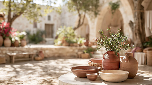 Terracotta bowls and clay jars on a stone ledge in a sunny Mediterranean courtyard