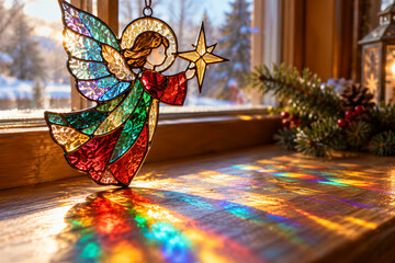 Fototapeta premium Stained glass angel ornament hanging on window sill, colorful light reflections on wooden surface, winter scenery outside. Christmas decoration, holiday season, festive atmosphere.
