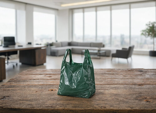A single green plastic shopping bag sits on a rustic wooden table inside a bright modern office