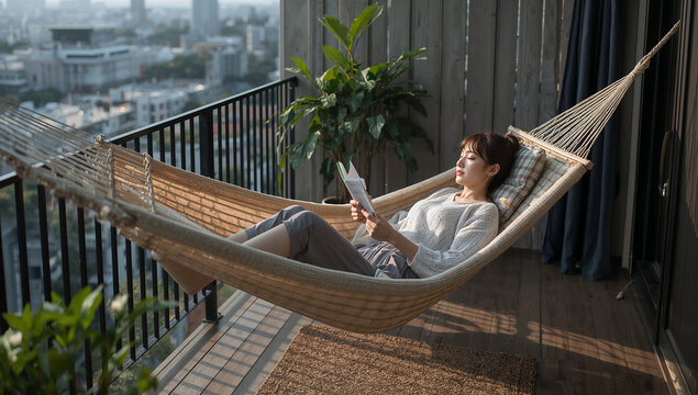 ベランダのハンモックで本を読む女性