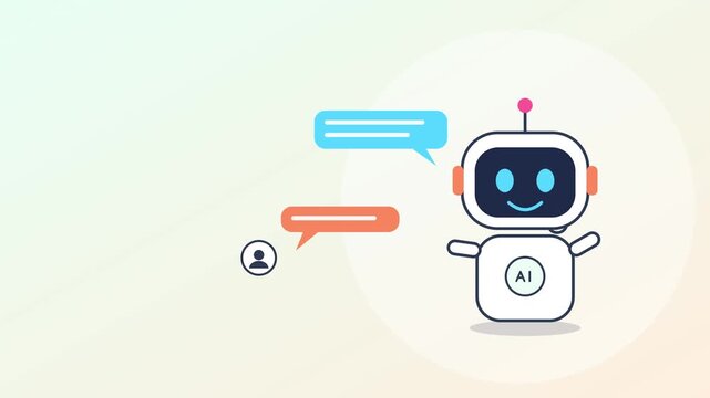 Friendly white artificial intelligence robot talking with customer via online chat bubble messages inside digital interface