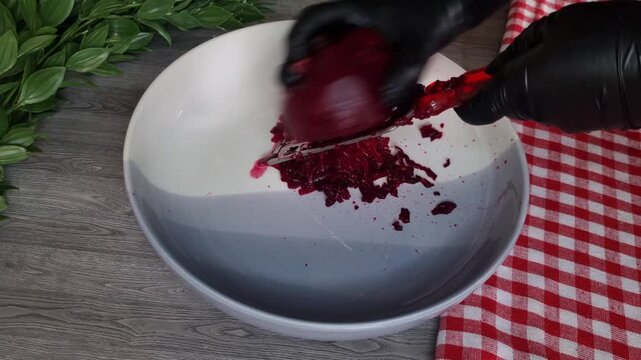 Grating Fresh Beetroot into White Bowl with Red Grater - Healthy Cooking 4K