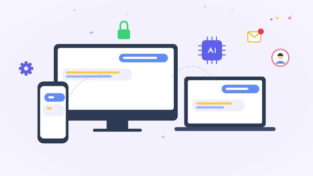 Modern digital devices including desktop computer, laptop, and smartphone connected with data icons representing network communication