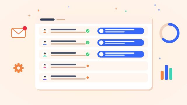 Business dashboard animation showing user status lists and charts changing dynamically during data processing