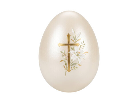 Ivory Easter egg painted with gold Christian cross and white lily flowers on transparent background
