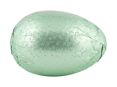 Easter chocolate egg in mint green foil with embossed floral decoration on transparent background