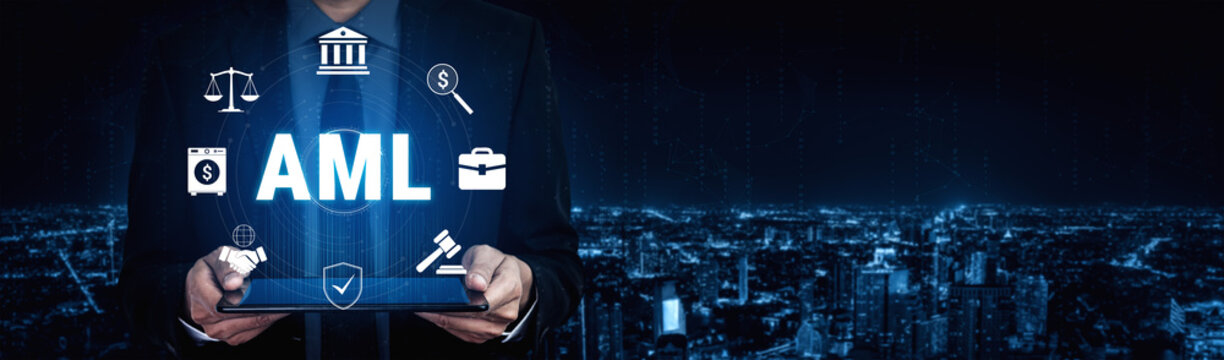 Businessman in Suit Holding Tablet with AML Icons and City Skyline Background for Financial Compliance and Regulation Concepts. Glyphic.