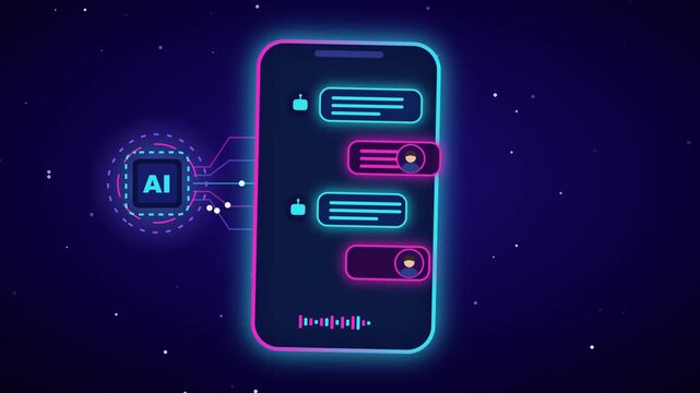 Futuristic smartphone displaying artificial intelligence chat interface with glowing neon text messages against dark background