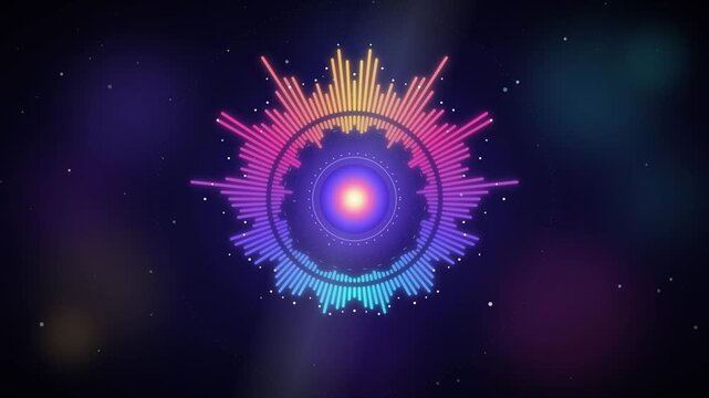 Vibrant audio equalizer spectrum glowing inside colorful futuristic abstract circle on dark space background