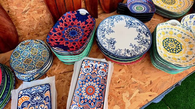 Colorful patterned ceramic plates and small dishes displayed in stacks at a market, featuring intricate floral and geometric motifs in blue, orange, yellow, red and white
