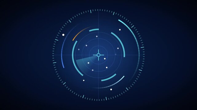 Rotating blue radar sweep glowing on dark digital screen displaying data points and concentric targeting circles