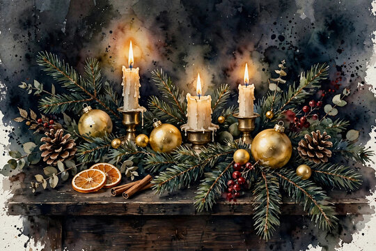 Watercolor painting of Christmas still life with candles and gold ornaments