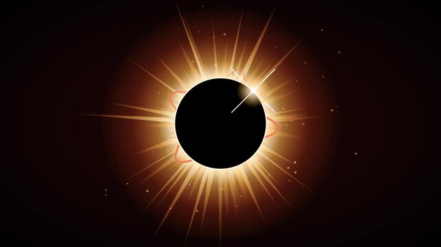 Total solar eclipse graphic with glowing corona rays and bright diamond ring effect in deep space