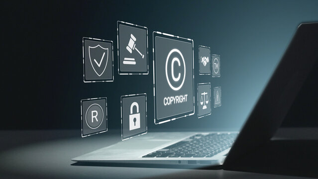 A modern representation of copyright concepts featuring a laptop and various icons that symbolize legal protection, intellectual property, and rights management in the digital age. Salient