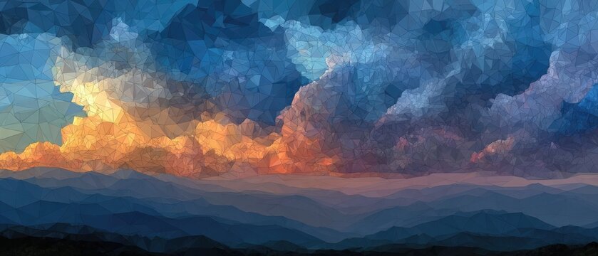 Sunset hues paint mountainous landscape, with low poly clouds