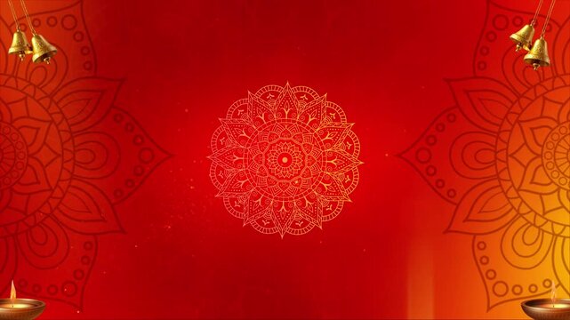 a decorative red and gold festive background featuring a central mandala pattern, smaller mandala corners, and small lit oil lamps Background Video 