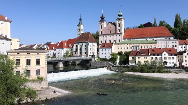 River mouth of the Steyr into the Enns with B&uuml;rgerspitalskirche and Michaelerkirche, Steyr, Upper Austria, Austria