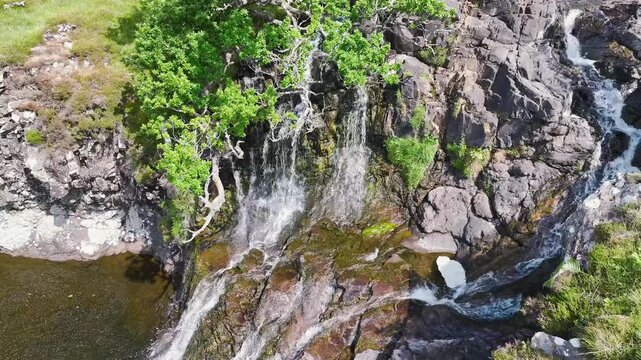 Eas Fors Waterfall from a drone, Ardow Burn, Dervaig, Isle of Mull, Scotland, England, United Kingdom