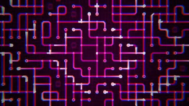 Deep plum purple and magenta circuit board with data pulses flowing along glowing traces, dark digital technology background, seamless loop